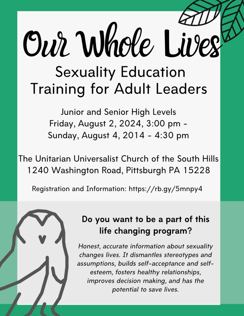 Our Whole Lives FLyer for Facilitator Training in August 2024